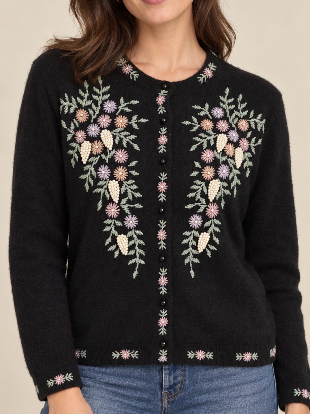 Cardigan Wool Angora L Floral Beaded Embroidered Sweater Cottagecore Grandmacore
